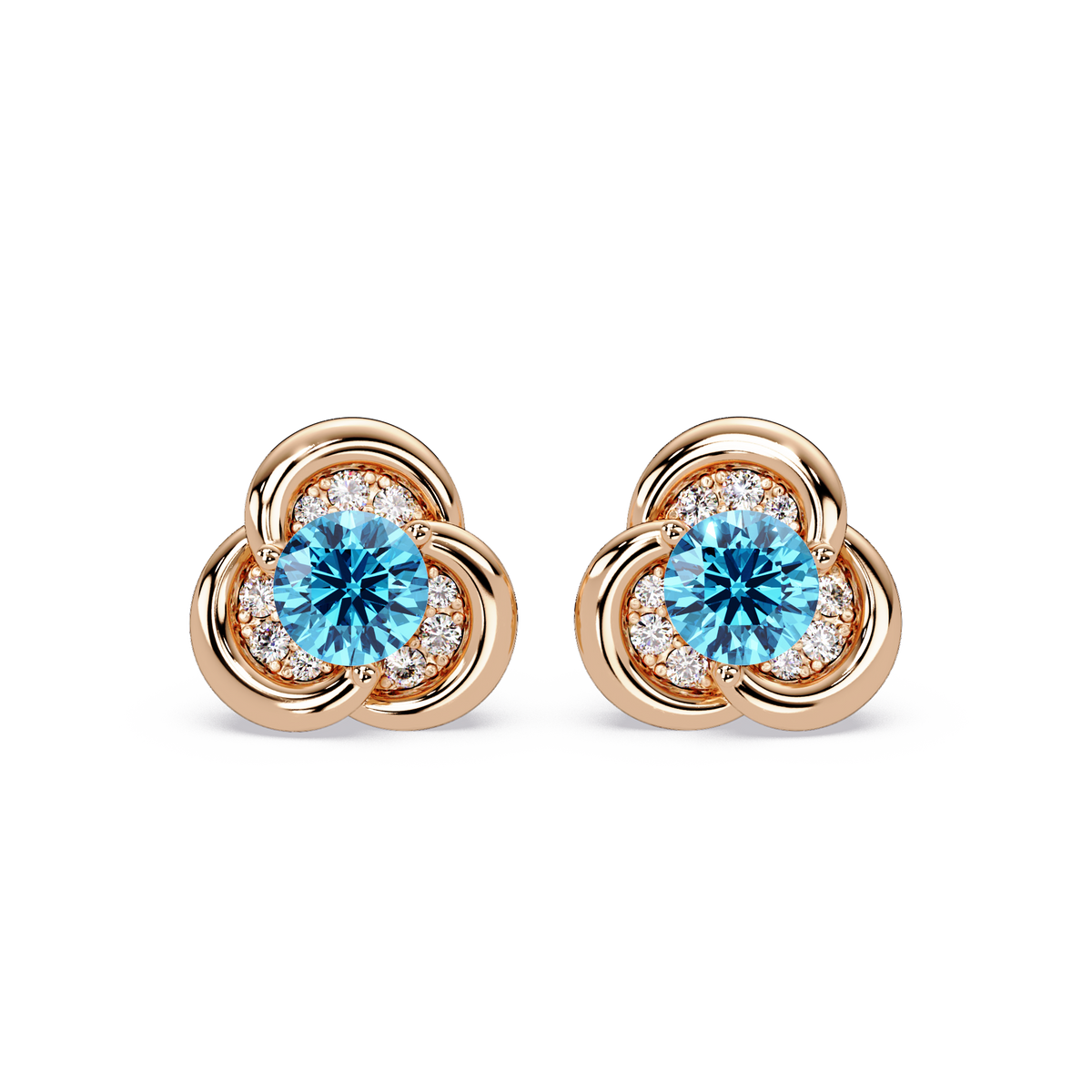 0.8 CTW Round Halo Colorstone Stud Earrings, Aquamarine Blue, 14K Rose Gold