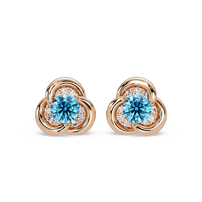 0.8 CTW Round Halo Colorstone Stud Earrings, Aquamarine Blue, 14K Rose Gold