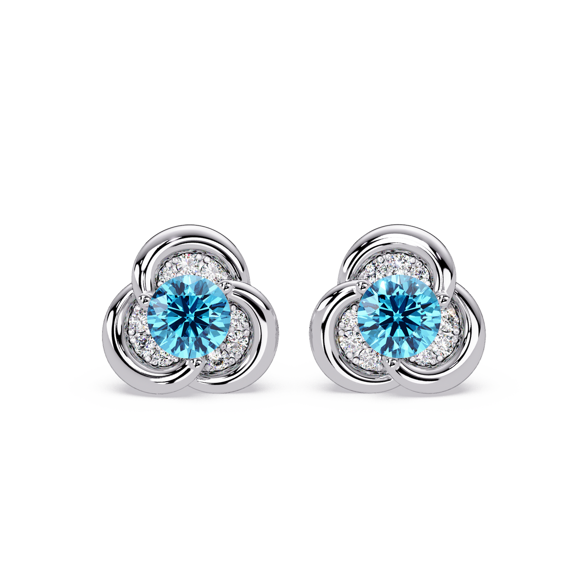 0.8 CTW Round Halo Colorstone Stud Earrings, Aquamarine Blue, 14K White Gold