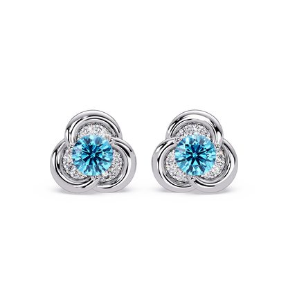 0.8 CTW Round Halo Colorstone Stud Earrings, Aquamarine Blue, 14K White Gold