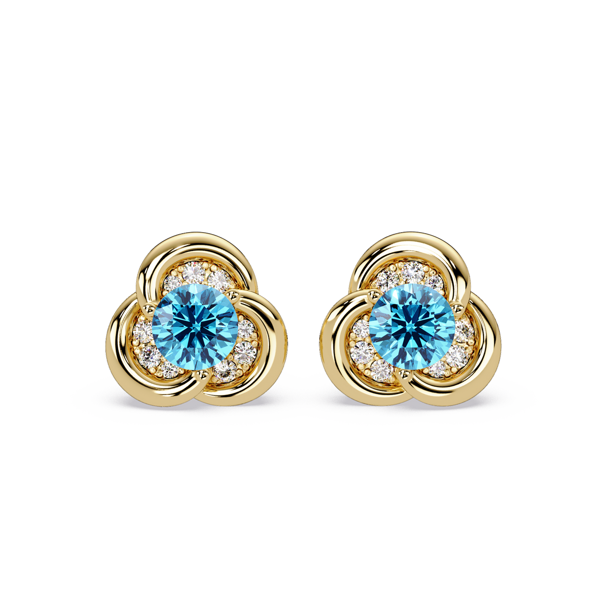 0.8 CTW Round Halo Colorstone Stud Earrings, Aquamarine Blue, 14K Yellow Gold