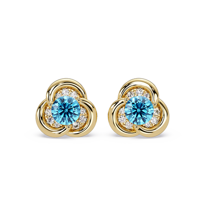 0.8 CTW Round Halo Colorstone Stud Earrings, Aquamarine Blue, 14K Yellow Gold