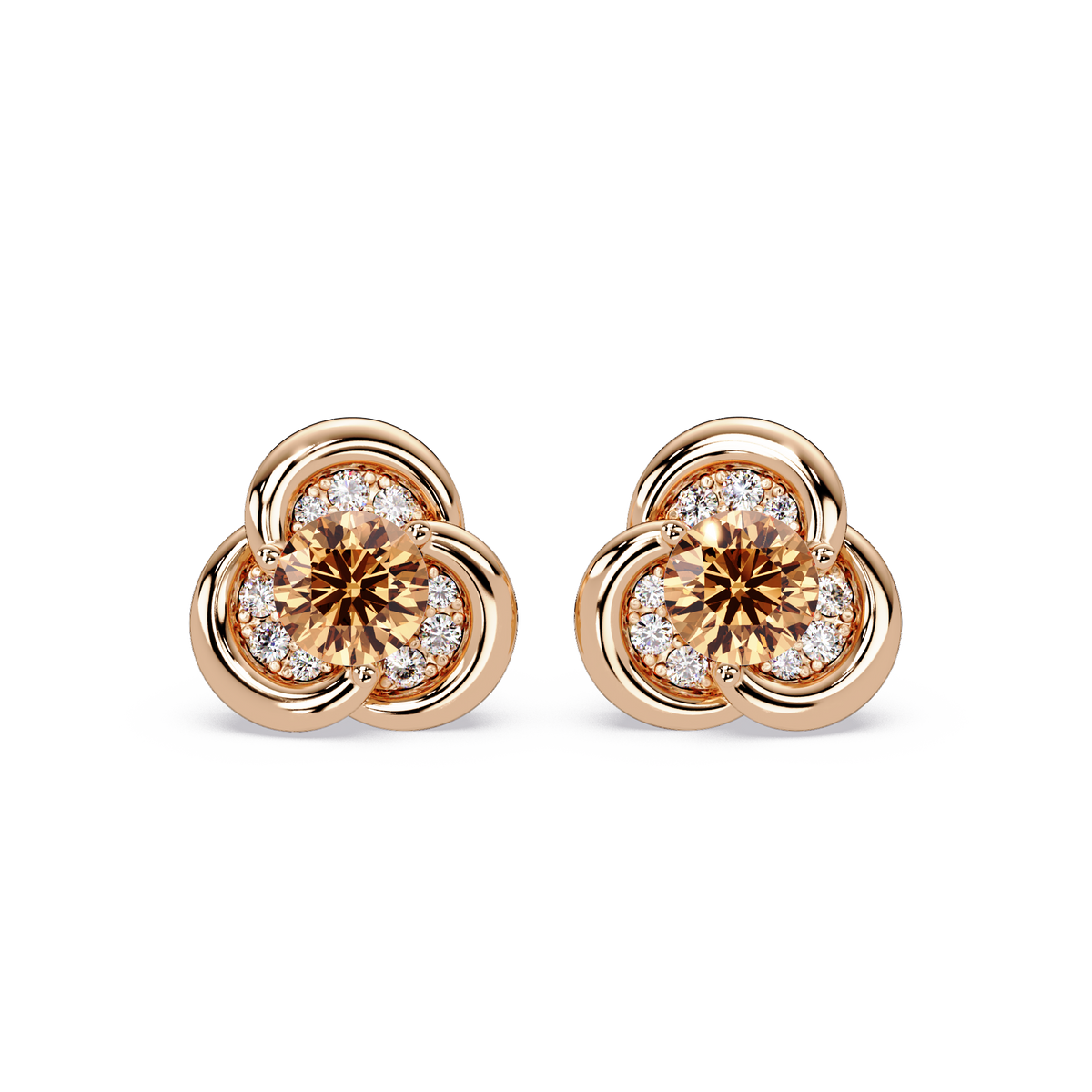 0.8 CTW Round Halo Colorstone Stud Earrings, Champagne Topaz, 14K Rose Gold