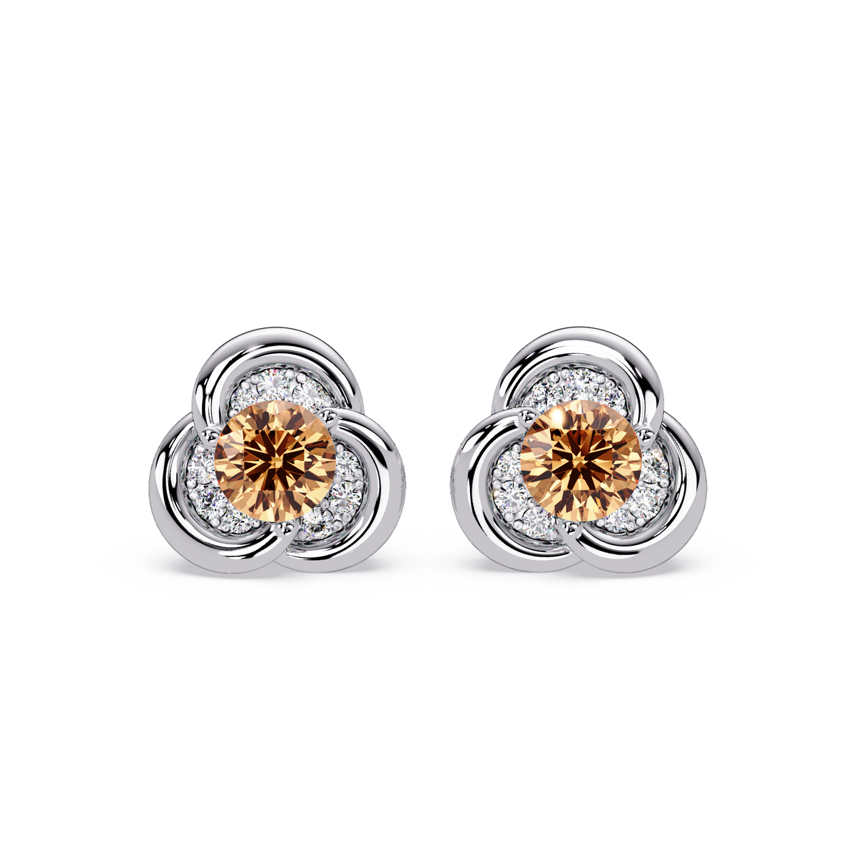 0.8 CTW Round Halo Colorstone Stud Earrings, Champagne Topaz, 14K White Gold