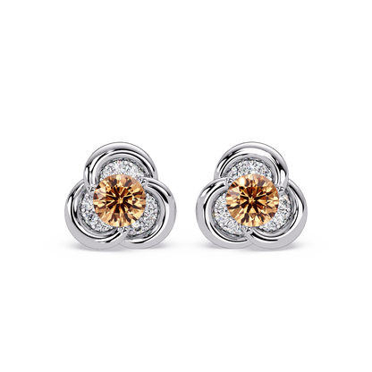 0.8 CTW Round Halo Colorstone Stud Earrings, Champagne Topaz, 14K White Gold