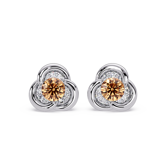 0.8 CTW Round Halo Colorstone Stud Earrings, Champagne Topaz, 14K White Gold