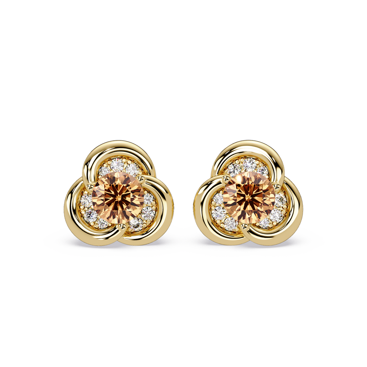 0.8 CTW Round Halo Colorstone Stud Earrings, Champagne Topaz, 14K Yellow Gold