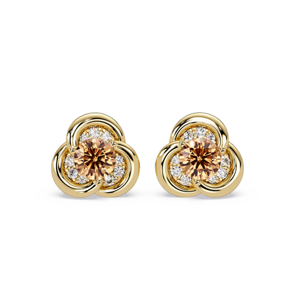 0.8 CTW Round Halo Colorstone Stud Earrings, Champagne Topaz, 14K Yellow Gold
