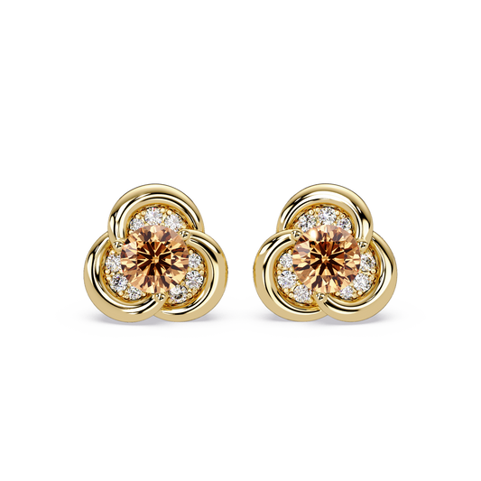 0.8 CTW Round Halo Colorstone Stud Earrings, Champagne Topaz, 14K Yellow Gold
