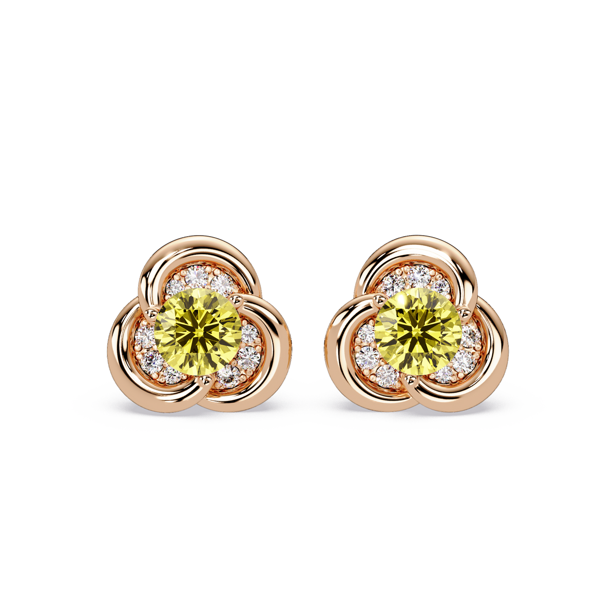 0.8 CTW Round Halo Colorstone Stud Earrings, Citrine Yellow, 14K Rose Gold