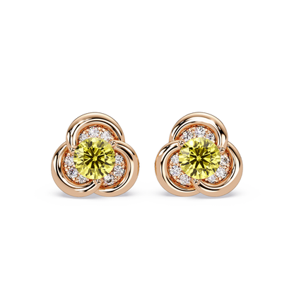 0.8 CTW Round Halo Colorstone Stud Earrings, Citrine Yellow, 14K Rose Gold