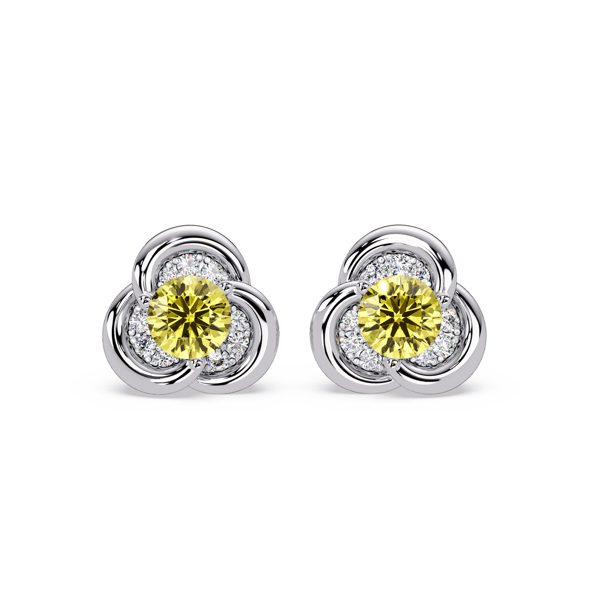 0.8 CTW Round Halo Colorstone Stud Earrings, Citrine Yellow, 14K White Gold