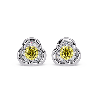 0.8 CTW Round Halo Colorstone Stud Earrings, Citrine Yellow, 14K White Gold