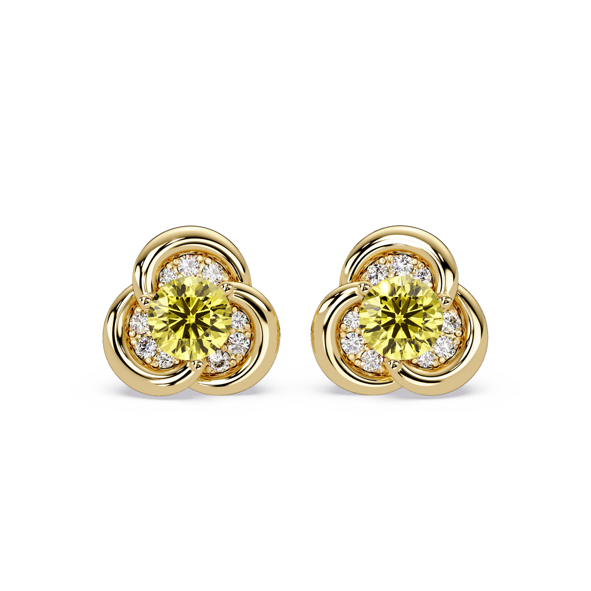 0.8 CTW Round Halo Colorstone Stud Earrings, Citrine Yellow, 14K Yellow Gold