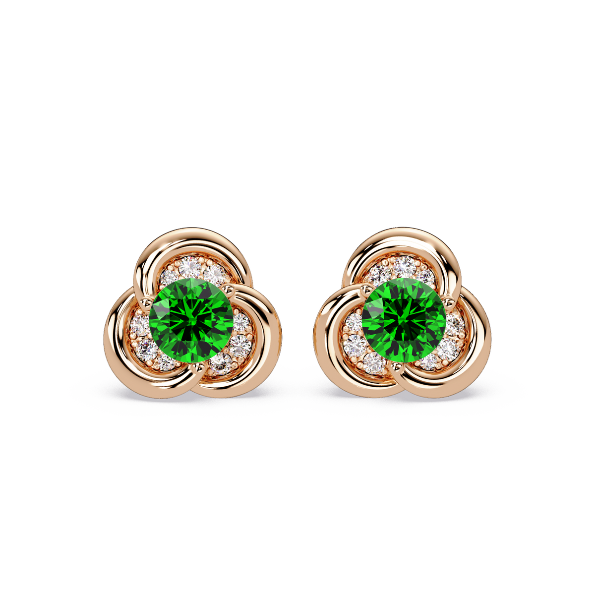 0.8 CTW Round Halo Colorstone Stud Earrings, Emerald Green, 14K Rose Gold