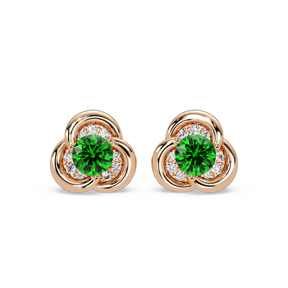 0.8 CTW Round Halo Colorstone Stud Earrings, Emerald Green, 14K Rose Gold
