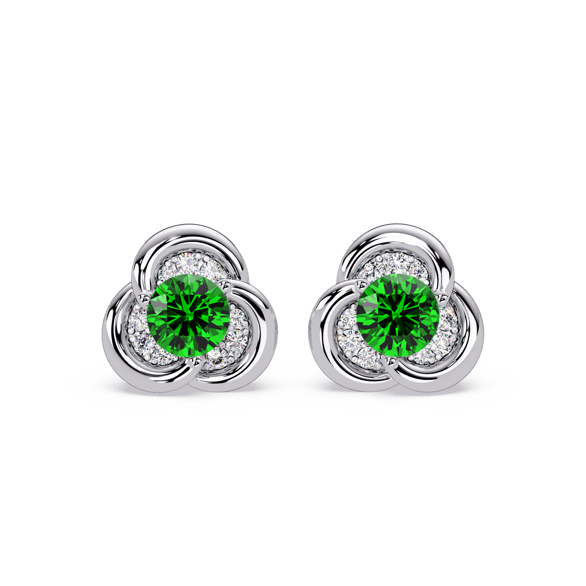 0.8 CTW Round Halo Colorstone Stud Earrings, Emerald Green, 14K White Gold