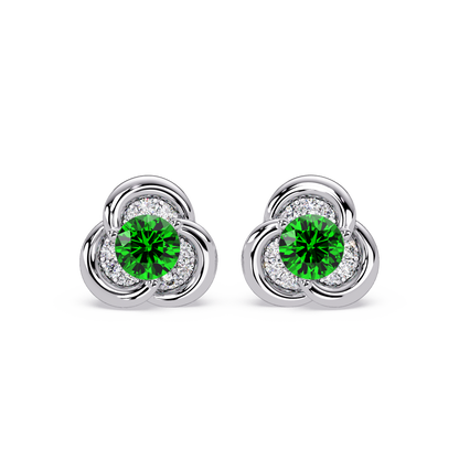 0.8 CTW Round Halo Colorstone Stud Earrings, Emerald Green, 14K White Gold