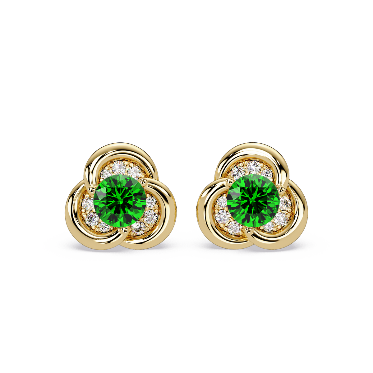 0.8 CTW Round Halo Colorstone Stud Earrings, Emerald Green, 14K Yellow Gold