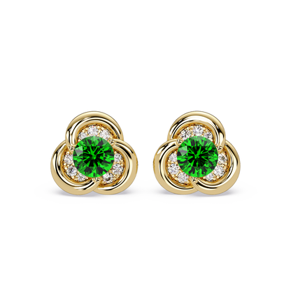 0.8 CTW Round Halo Colorstone Stud Earrings, Emerald Green, 14K Yellow Gold