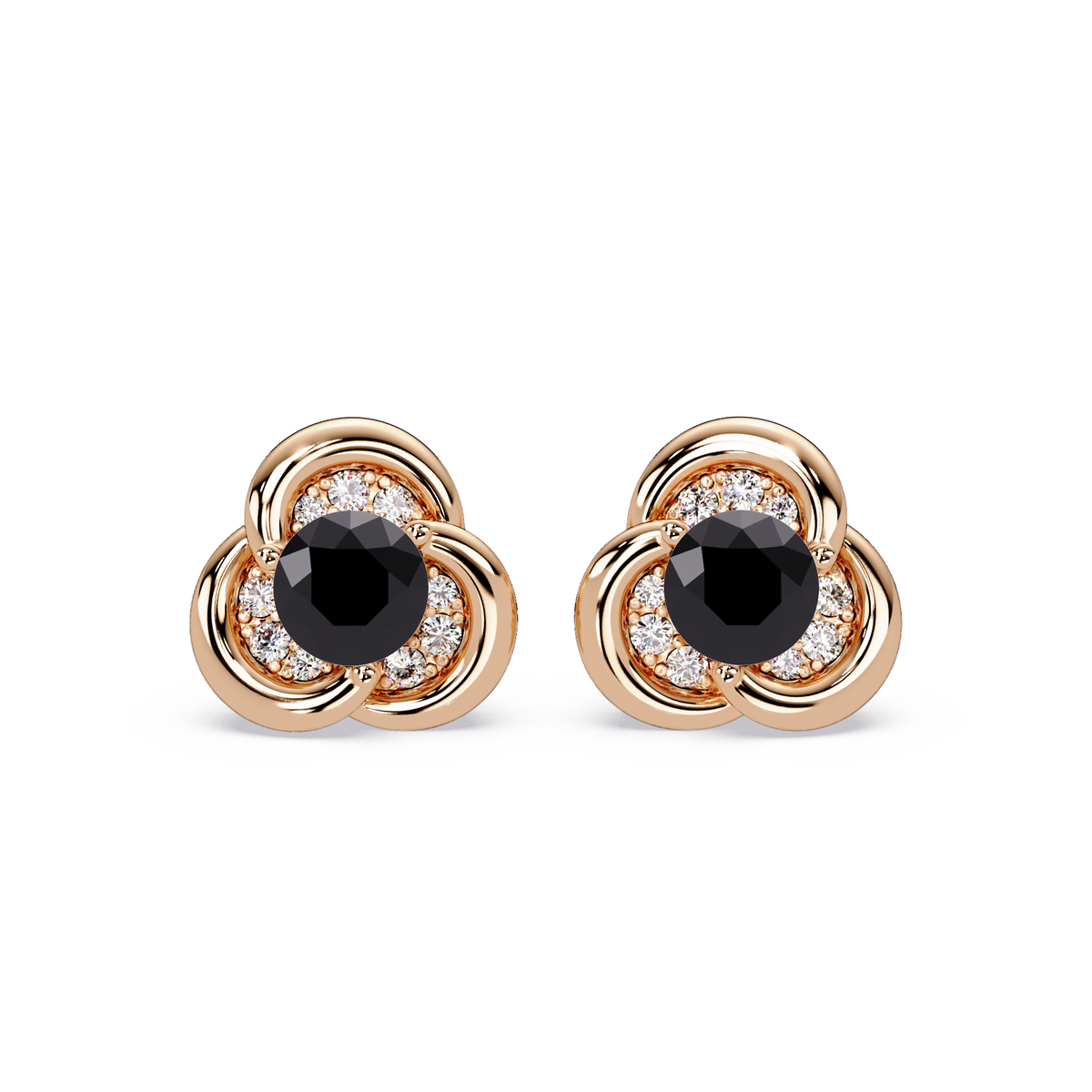 0.8 CTW Round Halo Colorstone Stud Earrings, Onyx, 14K Rose Gold