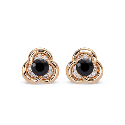 0.8 CTW Round Halo Colorstone Stud Earrings, Onyx, 14K Rose Gold