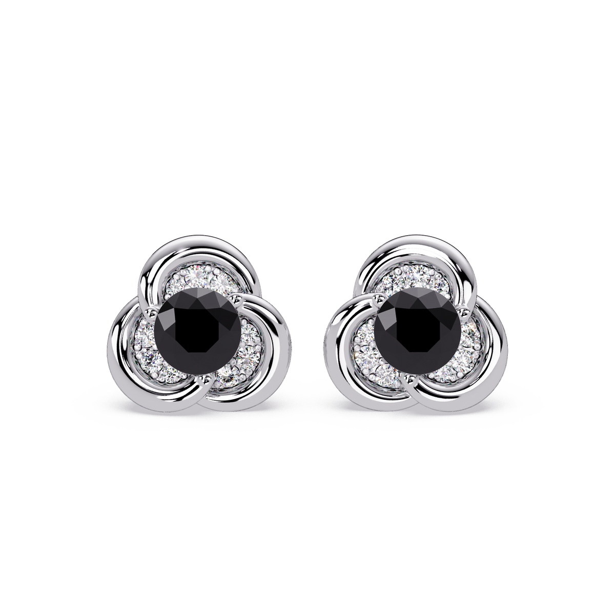 0.8 CTW Round Halo Colorstone Stud Earrings, Onyx, 14K White Gold