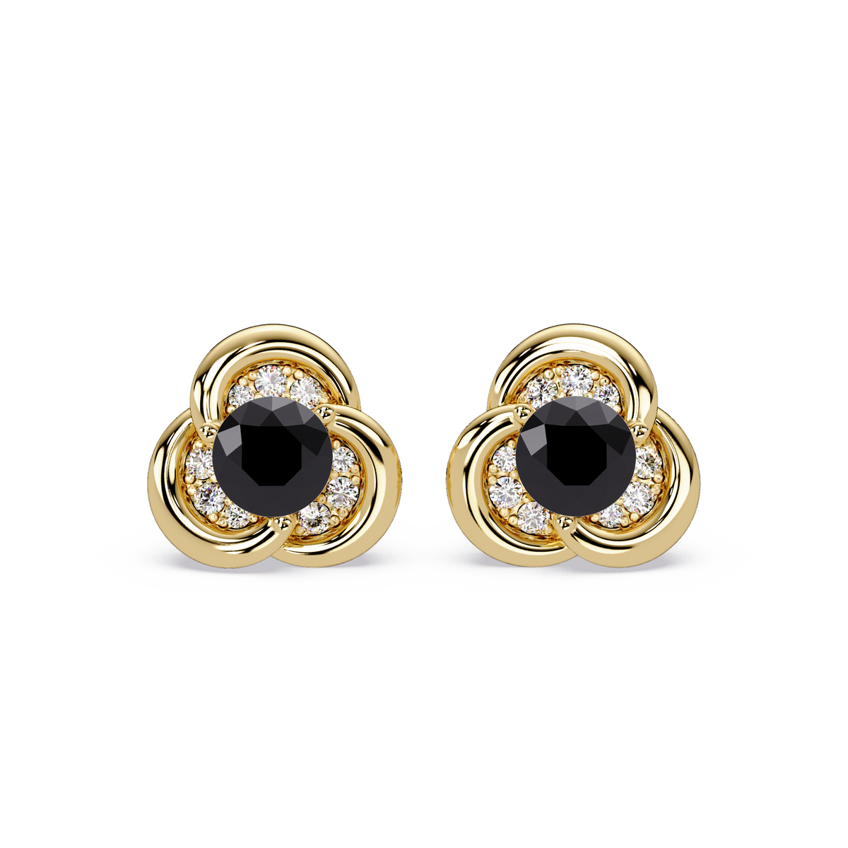 0.8 CTW Round Halo Colorstone Stud Earrings, Onyx, 14K Yellow Gold