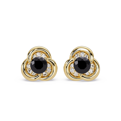 0.8 CTW Round Halo Colorstone Stud Earrings, Onyx, 14K Yellow Gold