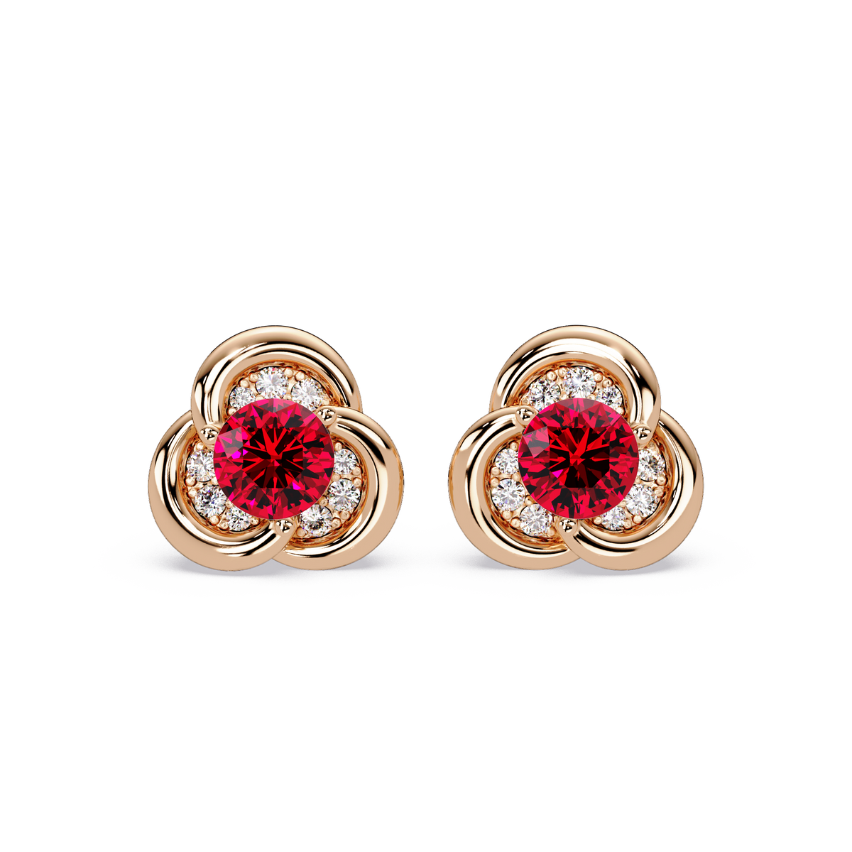 0.8 CTW Round Halo Colorstone Stud Earrings, Ruby Red, 14K Rose Gold