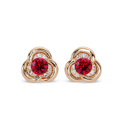 0.8 CTW Round Halo Colorstone Stud Earrings, Ruby Red, 14K Rose Gold