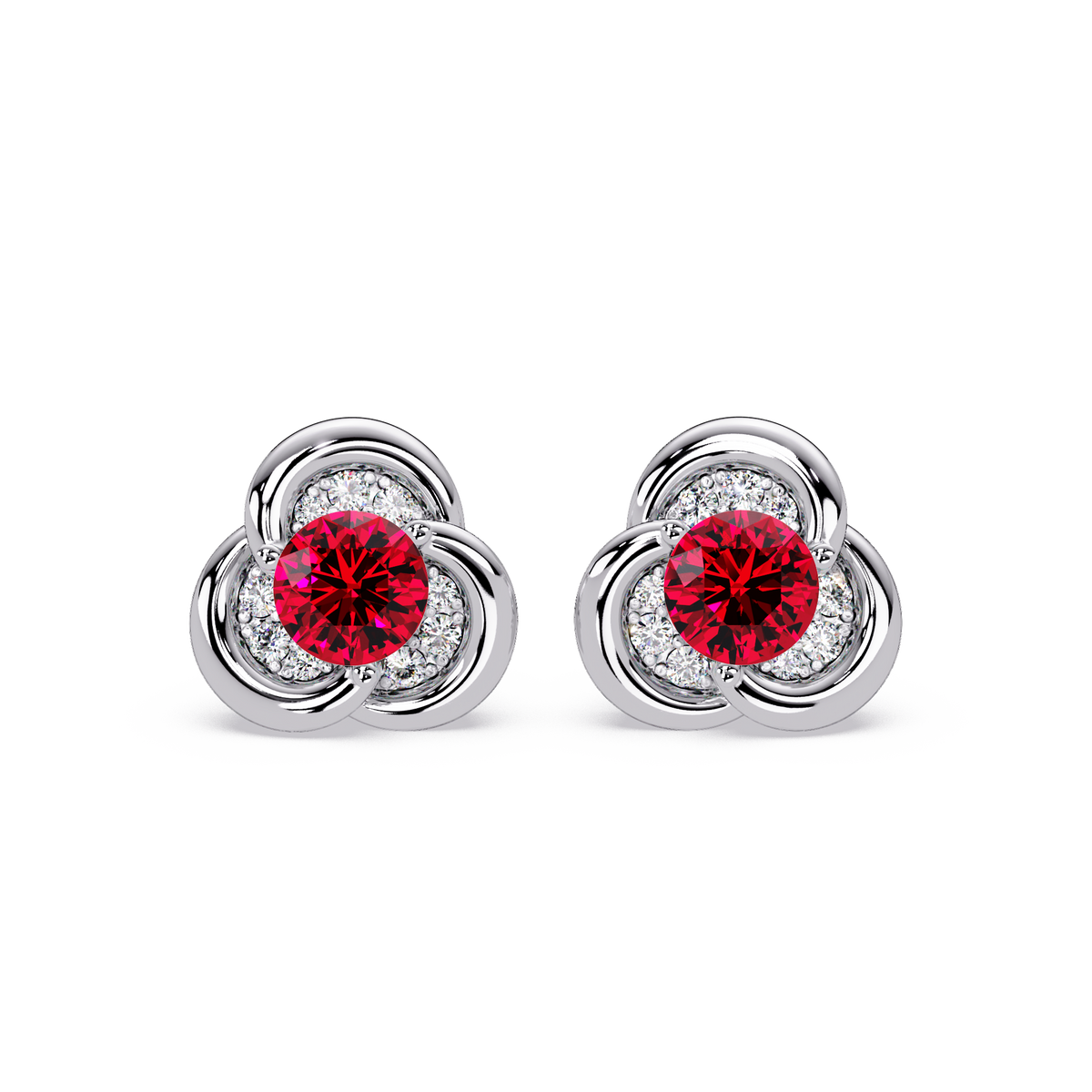 0.8 CTW Round Halo Colorstone Stud Earrings, Ruby Red, 14K White Gold