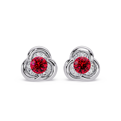 0.8 CTW Round Halo Colorstone Stud Earrings, Ruby Red, 14K White Gold