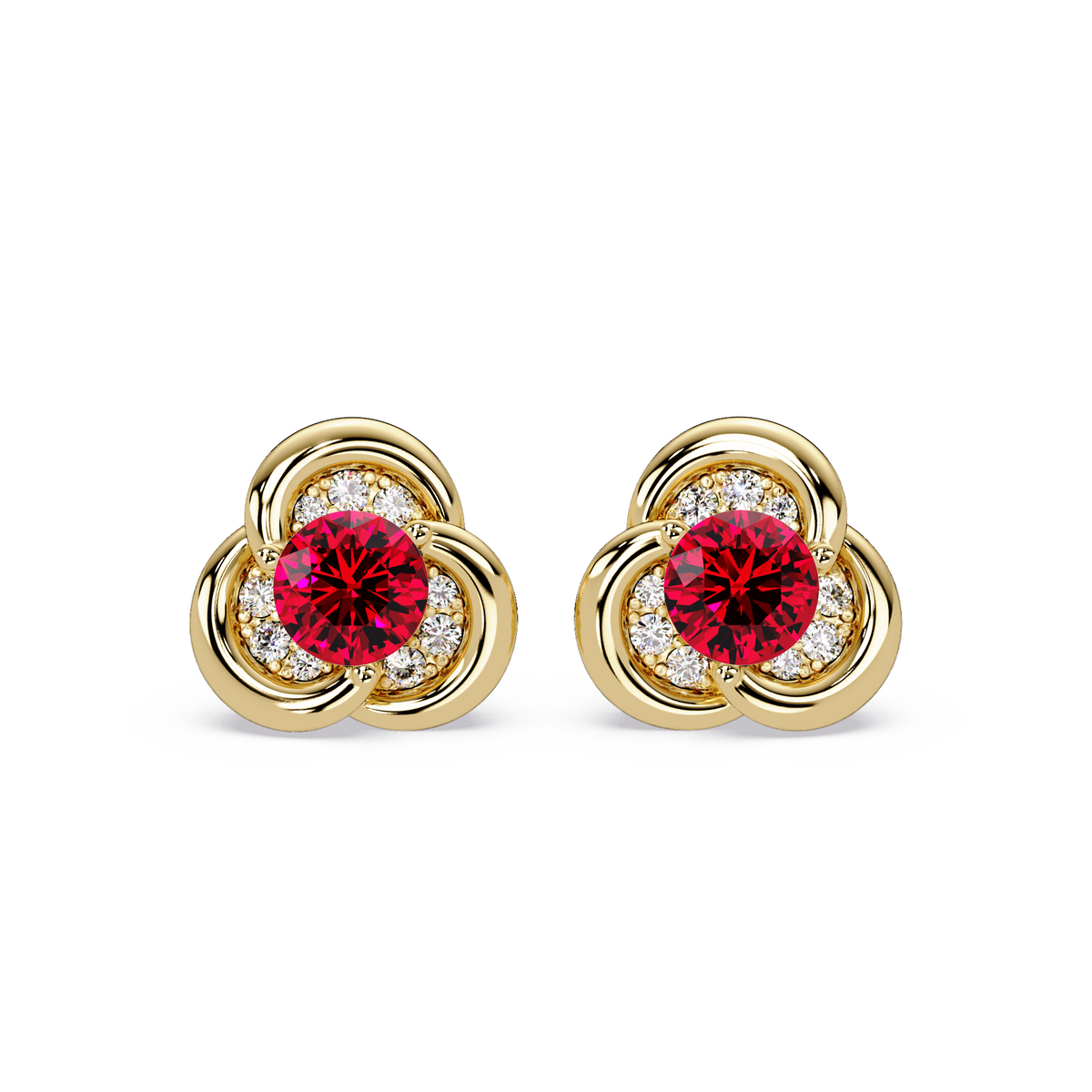 0.8 CTW Round Halo Colorstone Stud Earrings, Ruby Red, 14K Yellow Gold