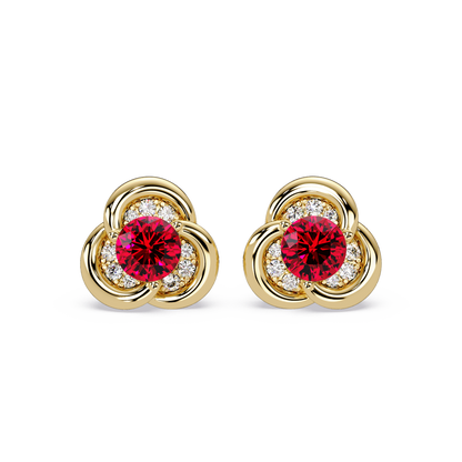 0.8 CTW Round Halo Colorstone Stud Earrings, Ruby Red, 14K Yellow Gold