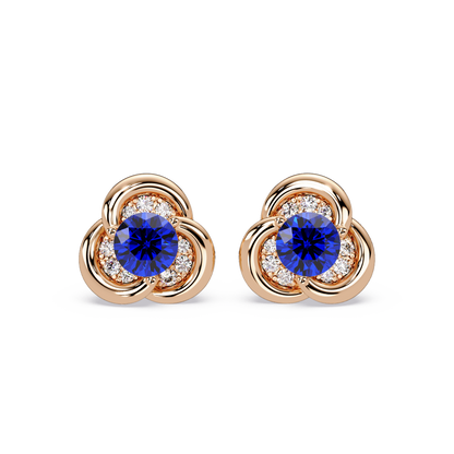 0.8 CTW Round Halo Colorstone Stud Earrings, Sapphire Blue, 14K Rose Gold