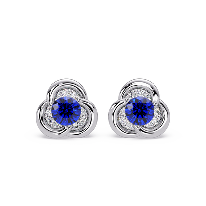 0.8 CTW Round Halo Colorstone Stud Earrings, Sapphire Blue, 14K White Gold
