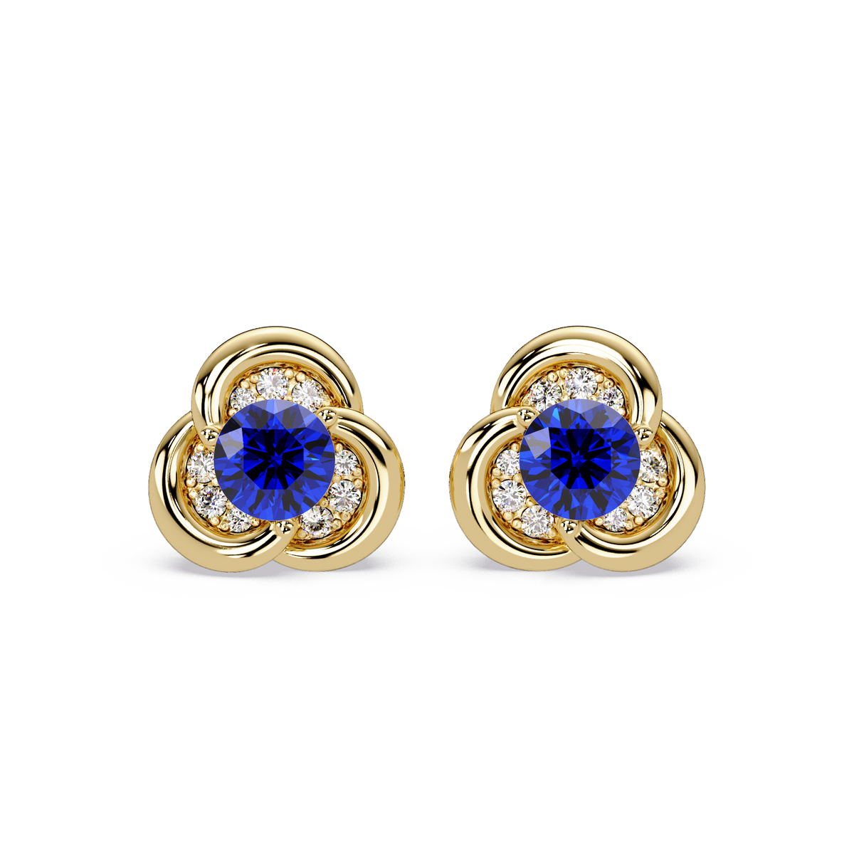 0.8 CTW Round Halo Colorstone Stud Earrings, Sapphire Blue, 14K Yellow Gold
