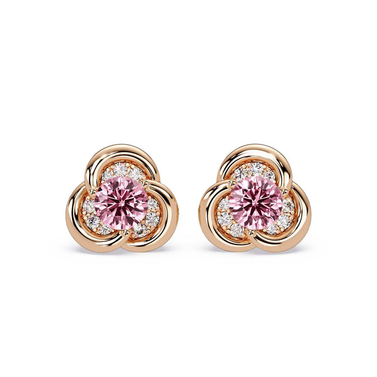 0.8 CTW Round Halo Colorstone Stud Earrings, Tourmaline Pink, 14K Rose Gold
