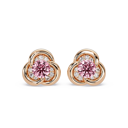 0.8 CTW Round Halo Colorstone Stud Earrings, Tourmaline Pink, 14K Rose Gold