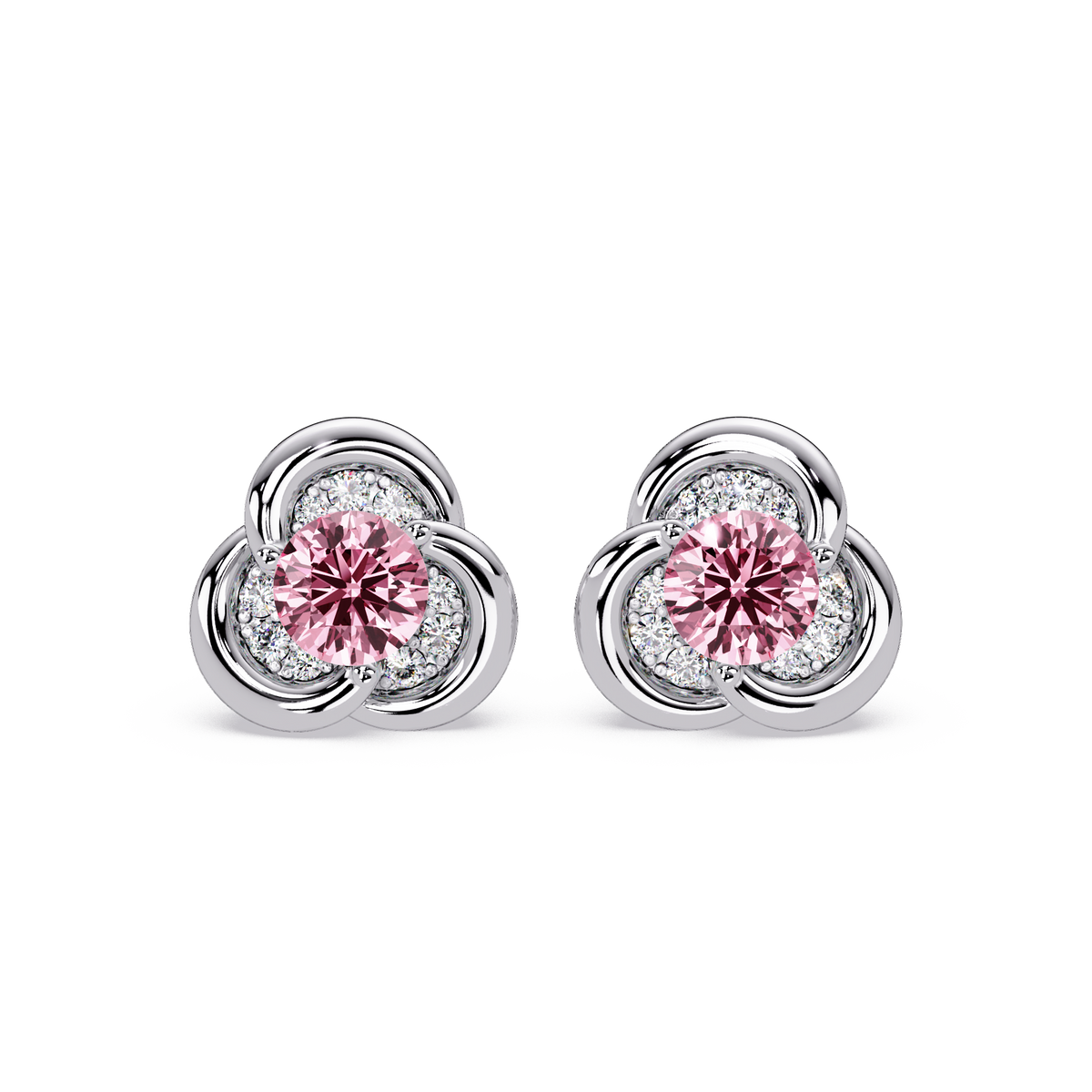 0.8 CTW Round Halo Colorstone Stud Earrings, Tourmaline Pink, 14K White Gold