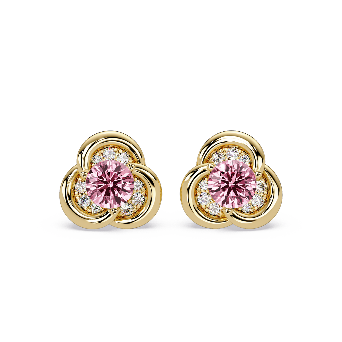 0.8 CTW Round Halo Colorstone Stud Earrings, Tourmaline Pink, 14K Yellow Gold