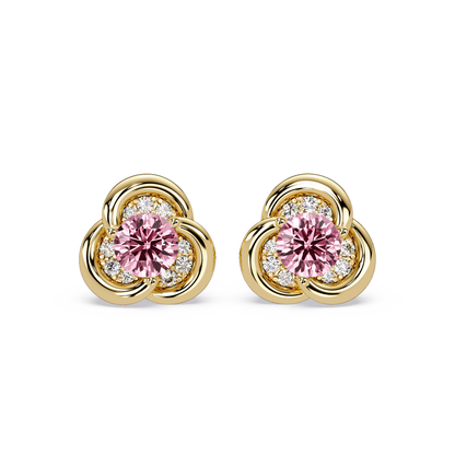 0.8 CTW Round Halo Colorstone Stud Earrings, Tourmaline Pink, 14K Yellow Gold