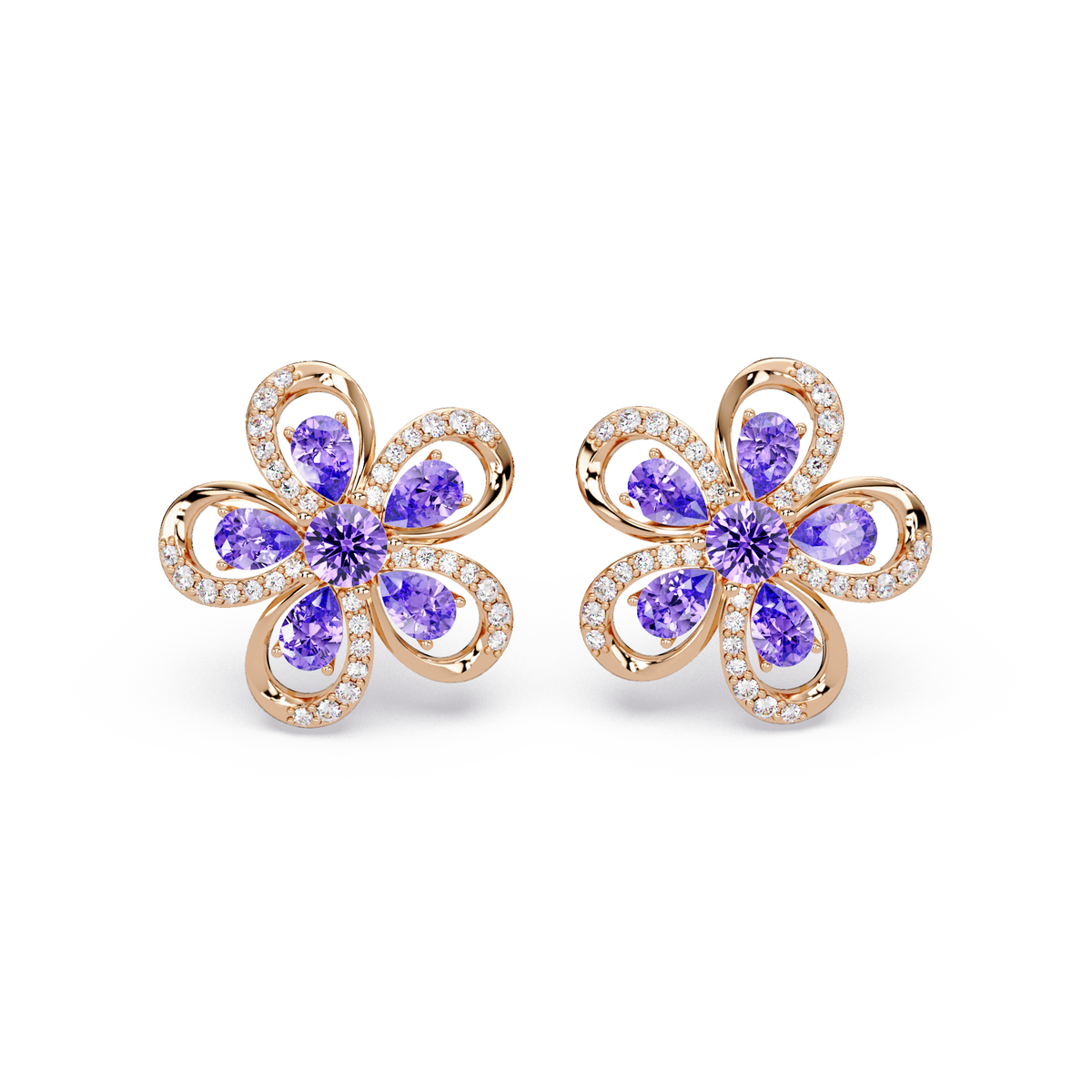 2.3 CTW Floral Pear Colorstone and White Diamond Stud Earrings, Amethyst Purple, 14K Rose Gold