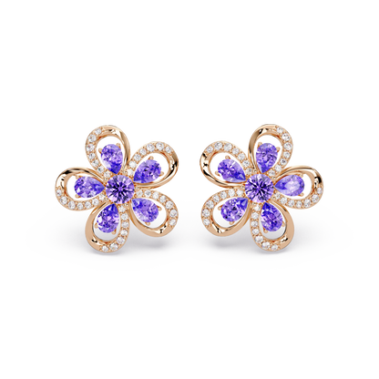2.3 CTW Floral Pear Colorstone and White Diamond Stud Earrings, Amethyst Purple, 14K Rose Gold