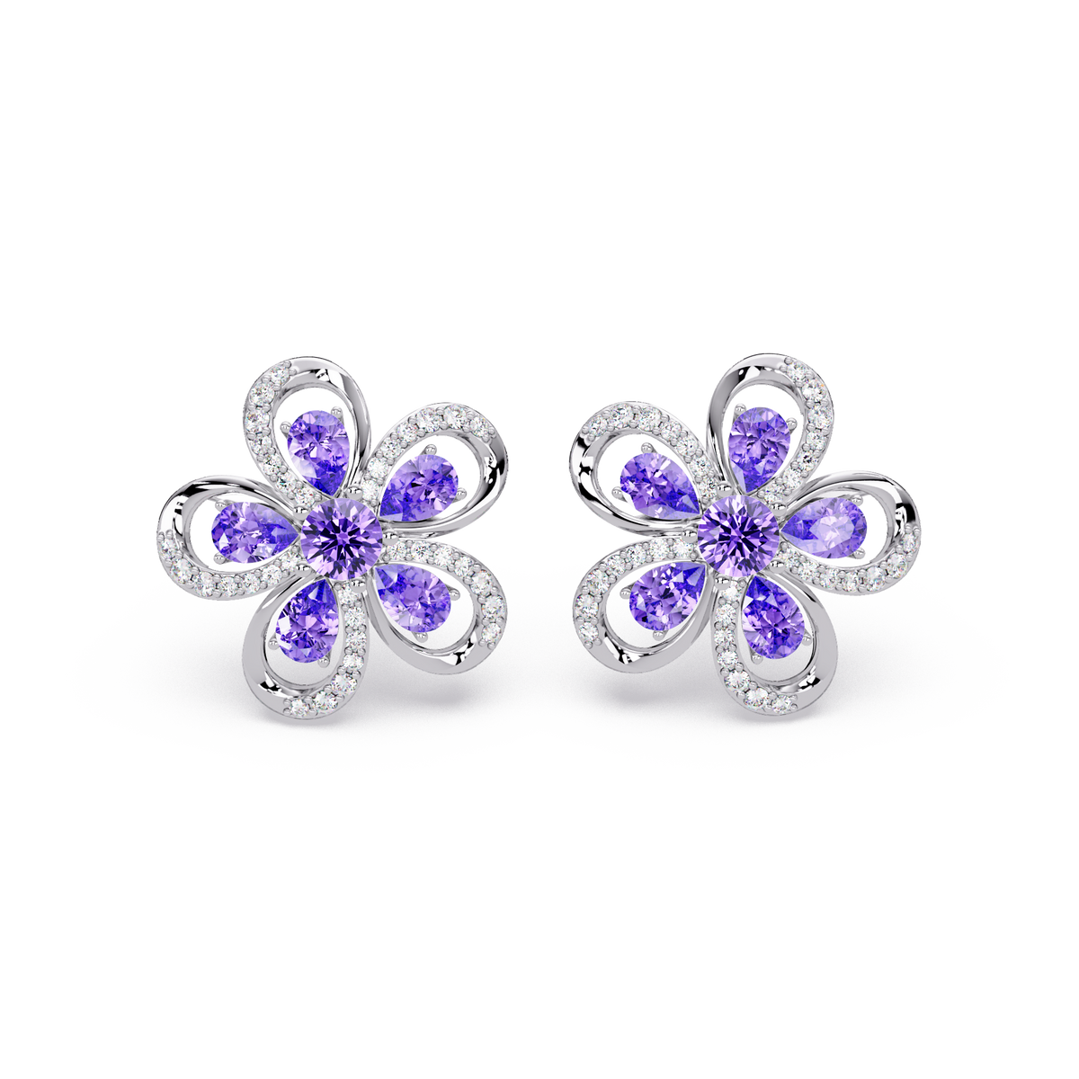 2.3 CTW Floral Pear Colorstone and White Diamond Stud Earrings, Amethyst Purple, 14K White Gold