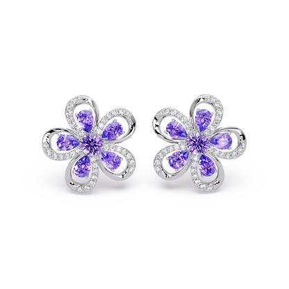 2.3 CTW Floral Pear Colorstone and White Diamond Stud Earrings, Amethyst Purple, 14K White Gold