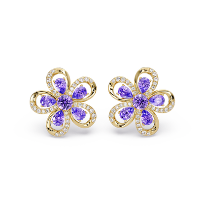 2.3 CTW Floral Pear Colorstone and White Diamond Stud Earrings, Amethyst Purple, 14K Yellow Gold