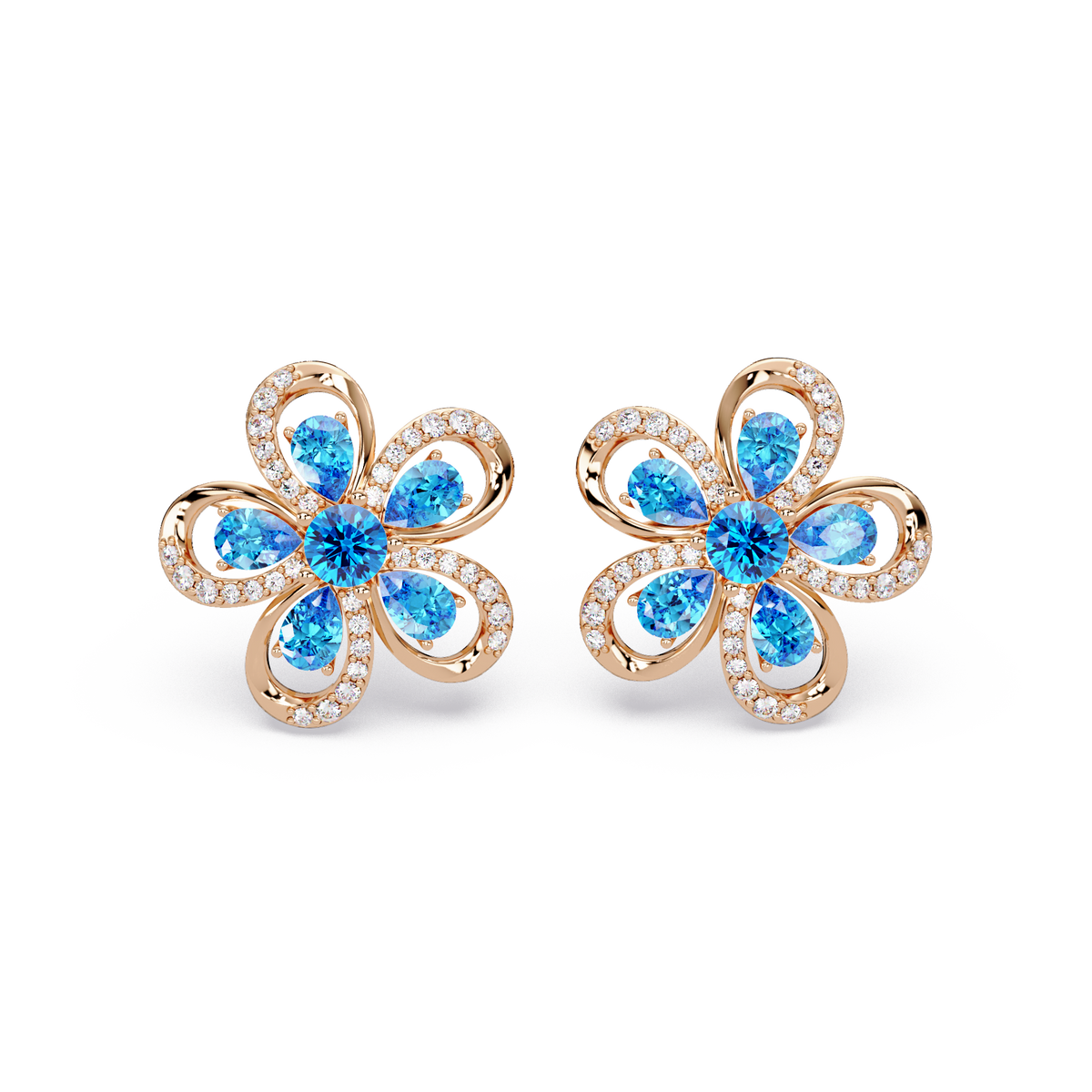2.3 CTW Floral Pear Colorstone and White Diamond Stud Earrings, Aquamarine Blue, 14K Rose Gold