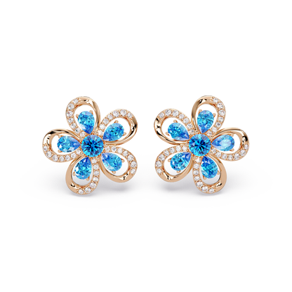 2.3 CTW Floral Pear Colorstone and White Diamond Stud Earrings, Aquamarine Blue, 14K Rose Gold